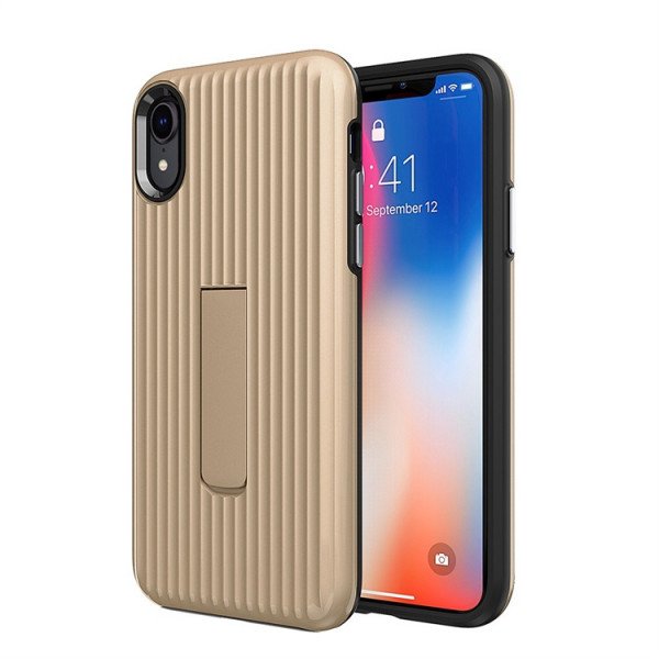 Wholesale iPhone Xr 6.1in Cabin Carbon Style Stand Case (Gold)